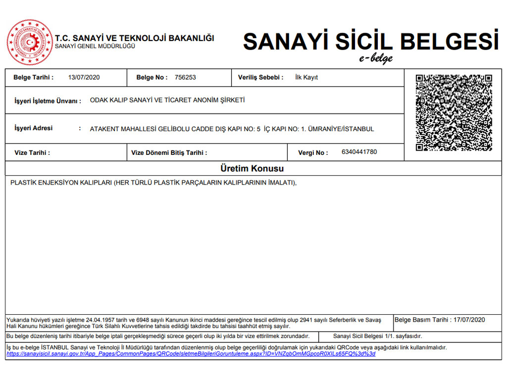 Sanayi Sicil Belgesi